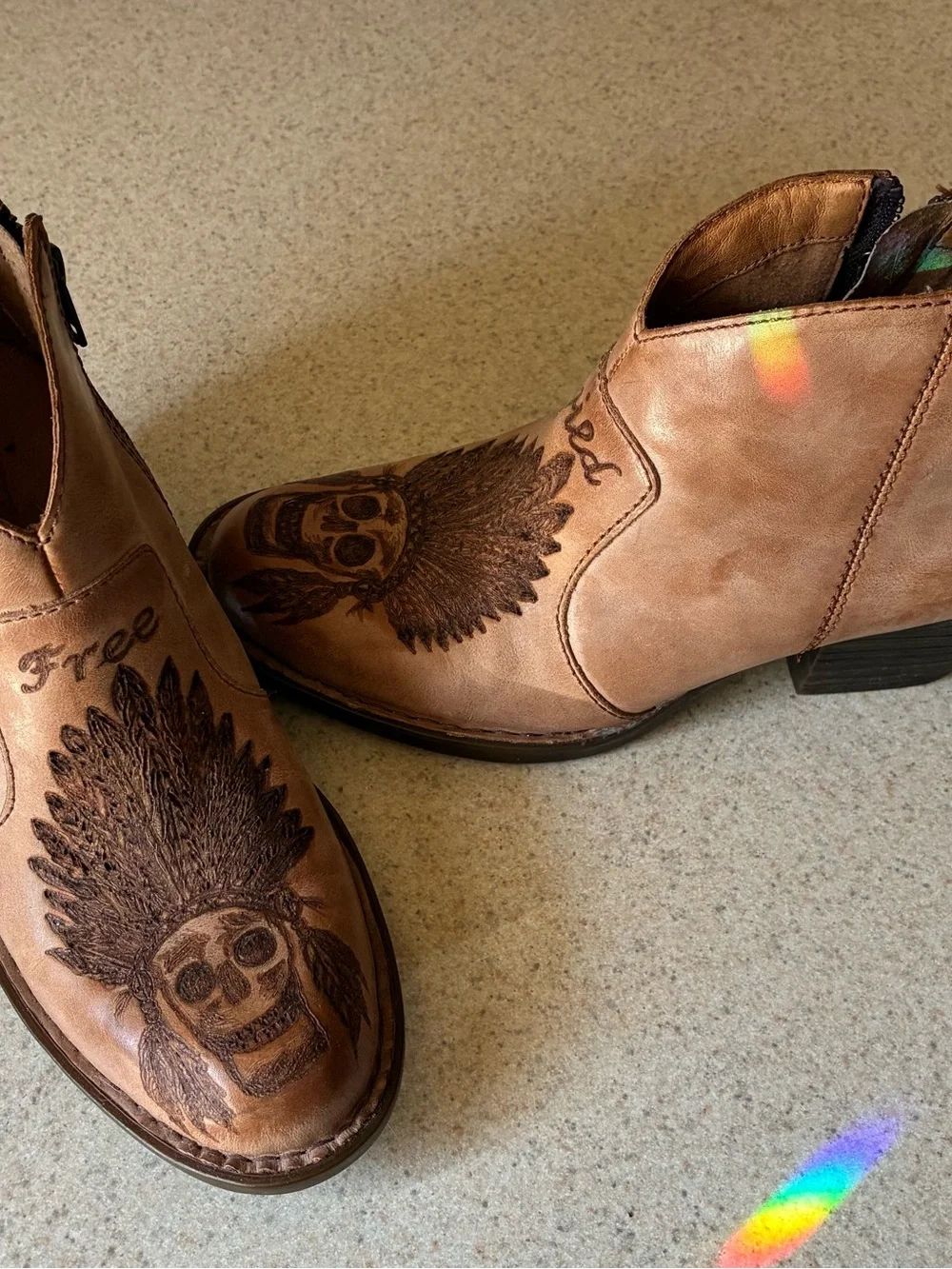Hand drawn, upcycled “Born” brand boots